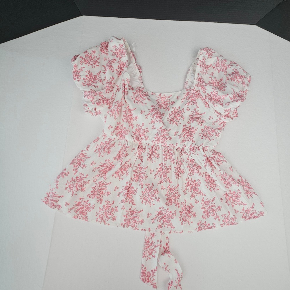Mi Ami Pink Floral Puff Sleeve Peplum Coquette Top Tie Back Junior Teen Small